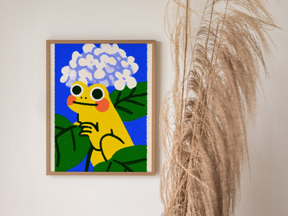 Toad with Hydrangeas Poster | Yellow and Periwinkle Illustrative Art Print | Kids Room Wall Art — styled in an interior
