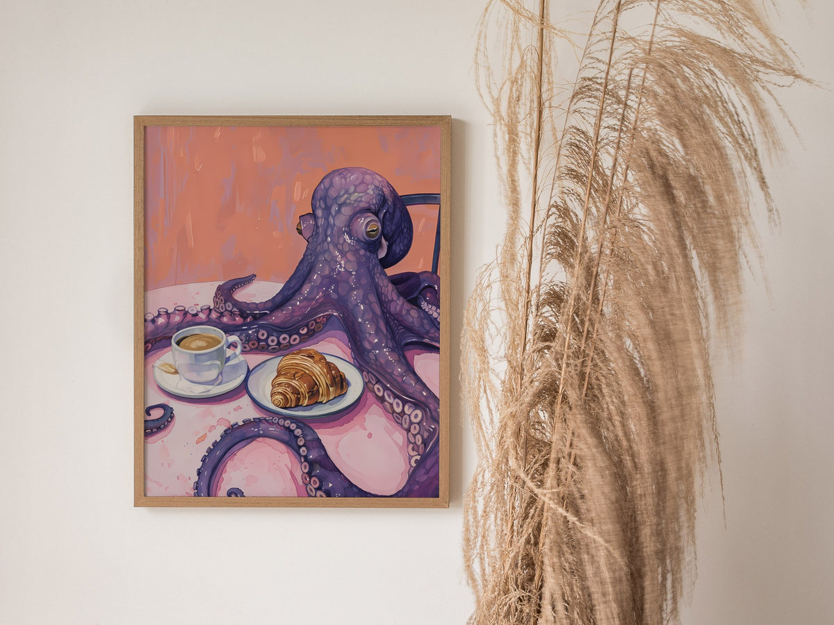 Breakfast Octopus Poster | Purple and Coral Illustrative Art Print | Kitchen Wall Art — styled in an interior