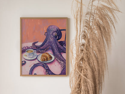 Breakfast Octopus Poster | Purple and Coral Illustrative Art Print | Kitchen Wall Art — styled in an interior
