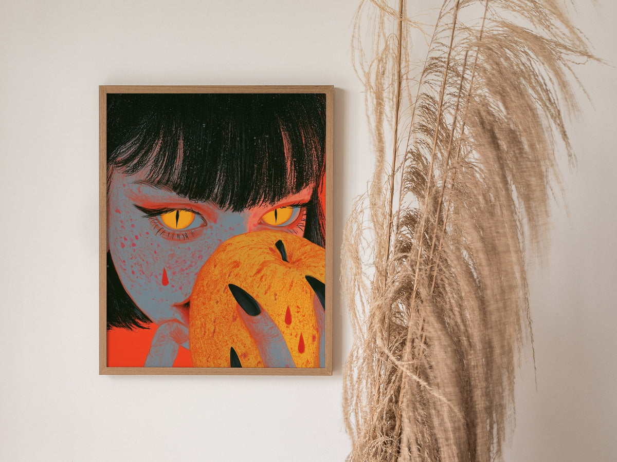 Devil Bites Apple Poster | Coral and Yellow Illustrative Art Print | Dark Fantasy Wall Art — styled in an interior