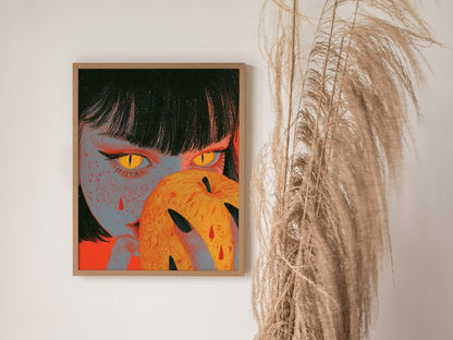 Devil Bites Apple Poster | Coral and Yellow Illustrative Art Print | Dark Fantasy Wall Art — styled in an interior