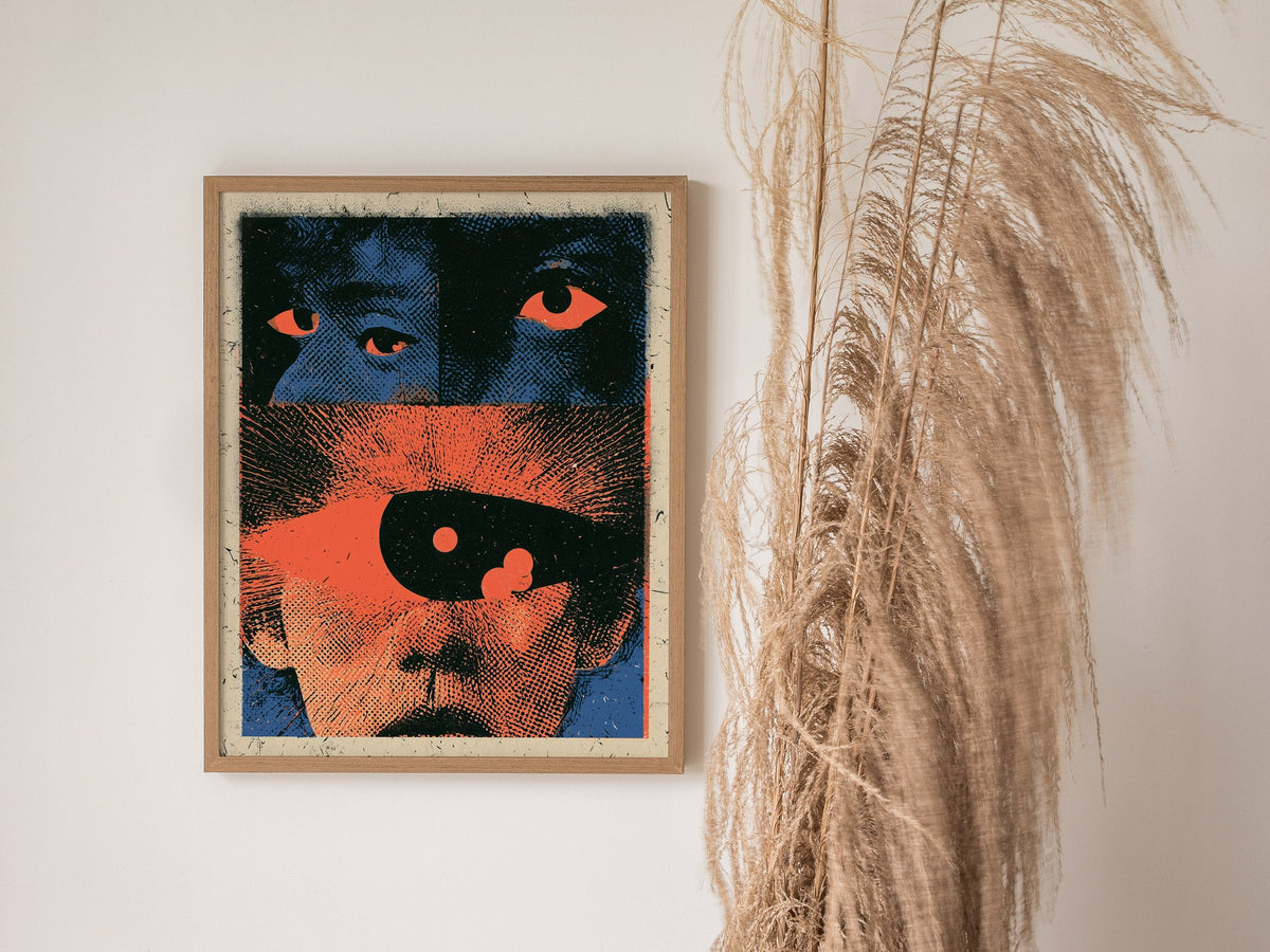 Two Faces Watching Poster | Coral and Teal Screen Print Art Print | Alternative Wall Art — styled in an interior