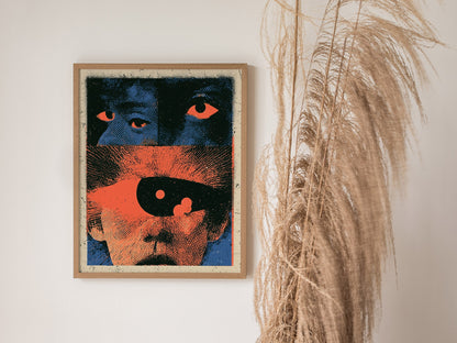 Two Faces Watching Poster | Coral and Teal Screen Print Art Print | Alternative Wall Art — styled in an interior