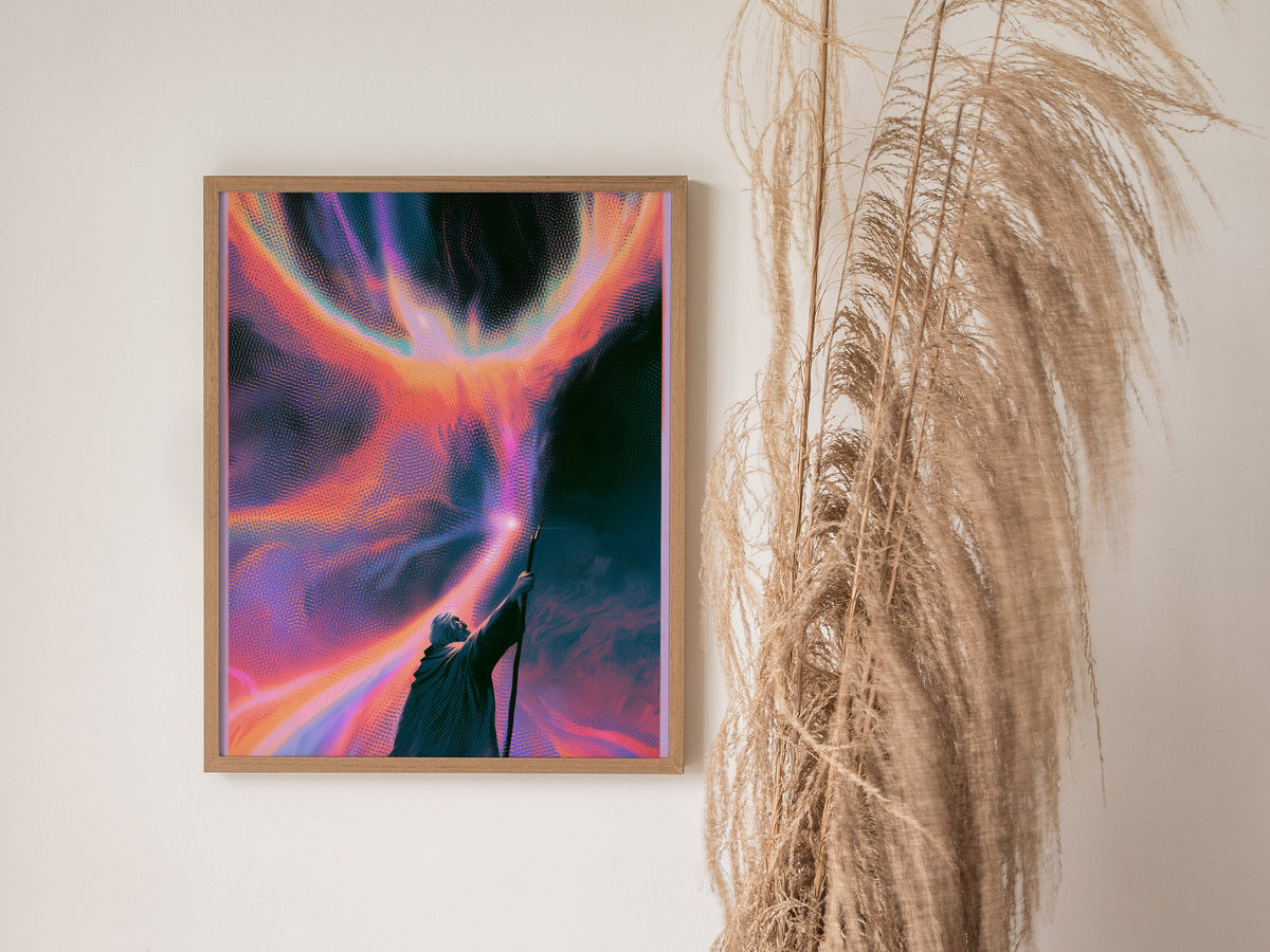 Wizard Channels Phoenix Poster | Cyan and Magenta Screen Print Art Print | Dark Fantasy Wall Art — styled in an interior