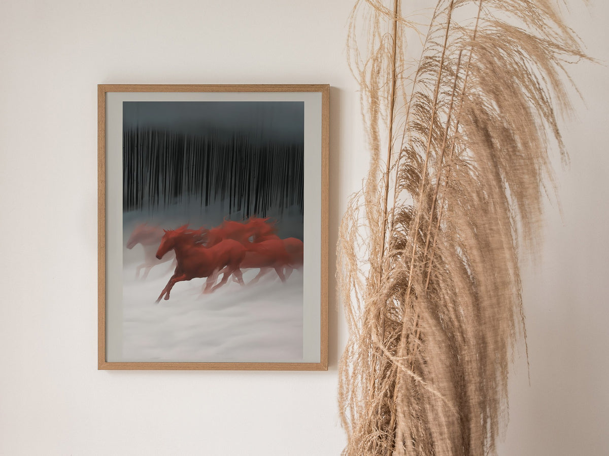 Red Horses Run Poster | Red and Black Watercolor Art Print | Dark Fantasy Wall Art — styled in an interior