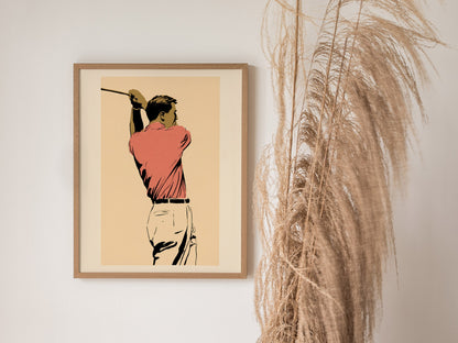 Golfer in Follow Through Poster | Pink and Cream Illustrative Art Print | Golf Wall Art — styled in an interior
