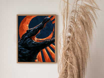 Gator Owns Crescent Poster | Orange and Navy Low Poly Art Print | Dark Fantasy Wall Art — styled in an interior