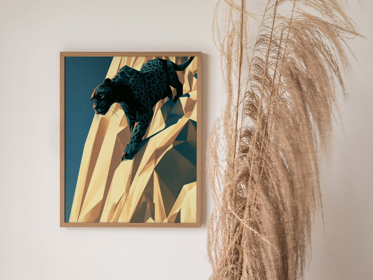 Panther Climbs Noon Poster | Teal and Black Low Poly Art Print | Dark Fantasy Wall Art — styled in an interior