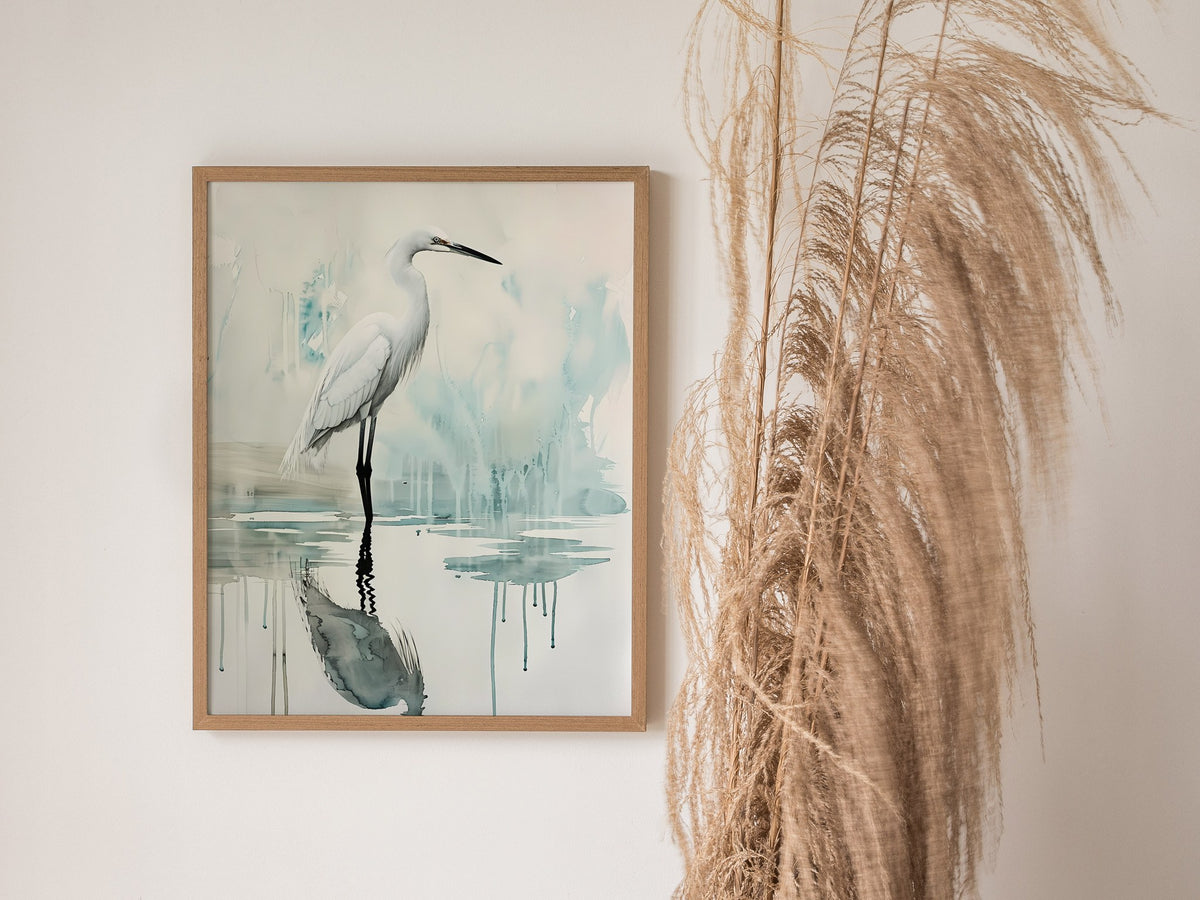 Wading Bird Poster | Sage and Cream Japanese Watercolor Art Print | Minimalist Wall Art — styled in an interior