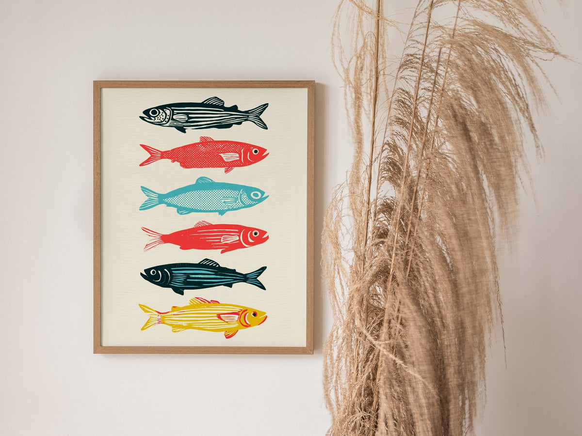 six-swimming-fish Poster | Teal and Coral Screen Print Art Print | Coastal Wall Art — styled in an interior