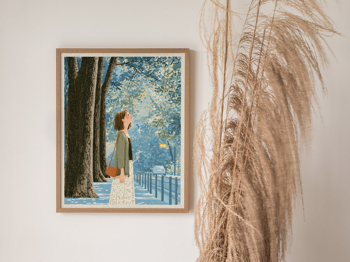 Woman Tilts Toward Light Poster | Olive and Cream Illustrative Art Print | Quiet Spaces Wall Art — styled in an interior