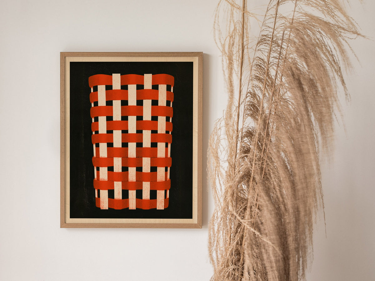 Woven Basket Icon Poster | Burnt Orange Screen Print Art Print | Kitchen Wall Art — styled in an interior
