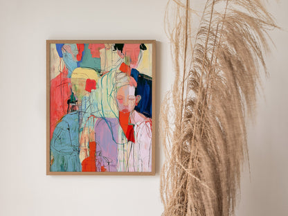 Seven Women Stand Poster | Coral and Pink Illustrative Art Print | Feminist Art Wall Art — styled in an interior