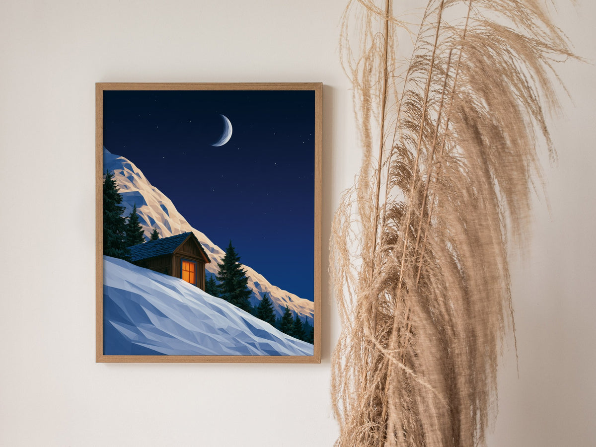 Mountain Cabin Waits Poster | Cobalt and Orange Low Poly Art Print | Mountain Modern Wall Art — styled in an interior