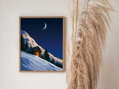 Mountain Cabin Waits Poster | Cobalt and Orange Low Poly Art Print | Mountain Modern Wall Art — styled in an interior