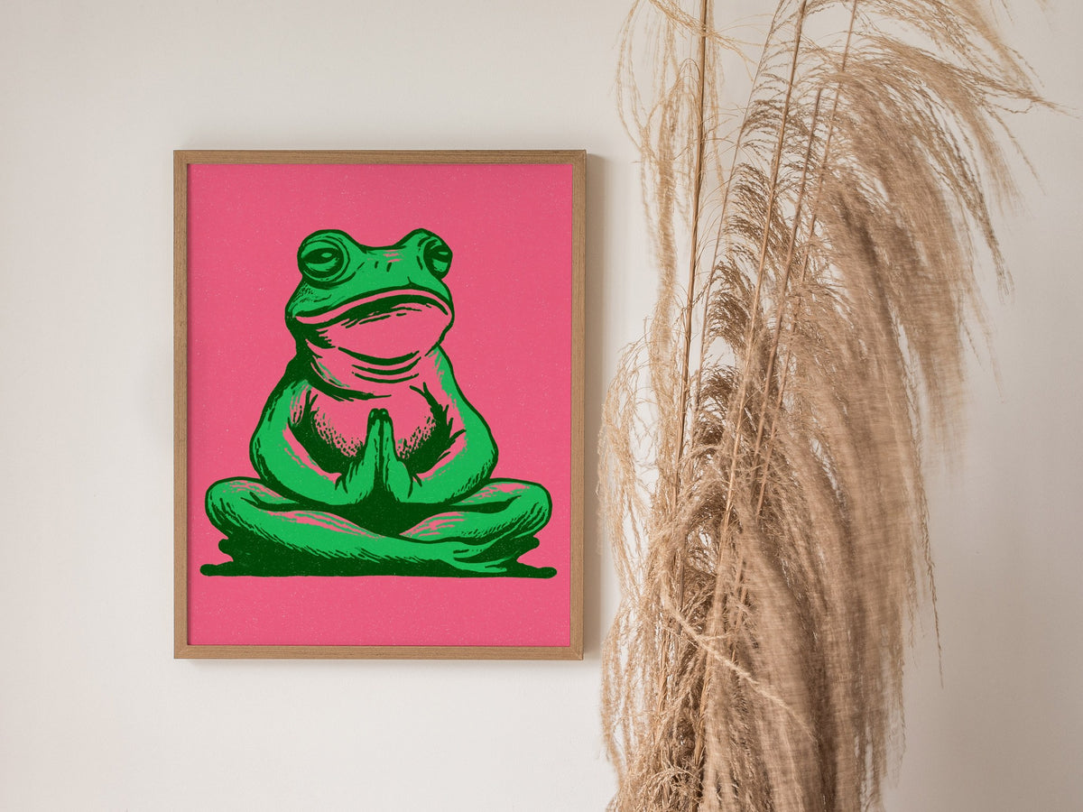 Toad Finds Peace Poster | Green and Pink Illustrative Art Print | Meditation Wall Art — styled in an interior