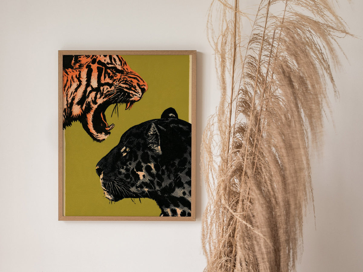Tiger Taunts Panther Poster | Chartreuse and Black Screen Print Art Print | Graphic Design Wall Art — styled in an interior