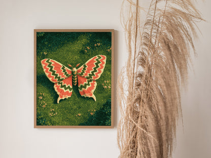 Moth Owns Chevron Poster | Coral and Olive Pixel Art Print | Retro Gaming Wall Art — styled in an interior