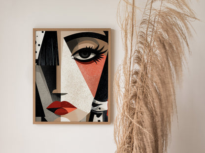 Cubist Woman Watches Poster | Black and Orange Abstract Art Print | Modernist Wall Art — styled in an interior