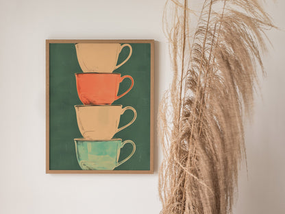 Stacked Teacups Poster | Coral and Teal Screen Print Art Print | Kitchen Wall Art — styled in an interior