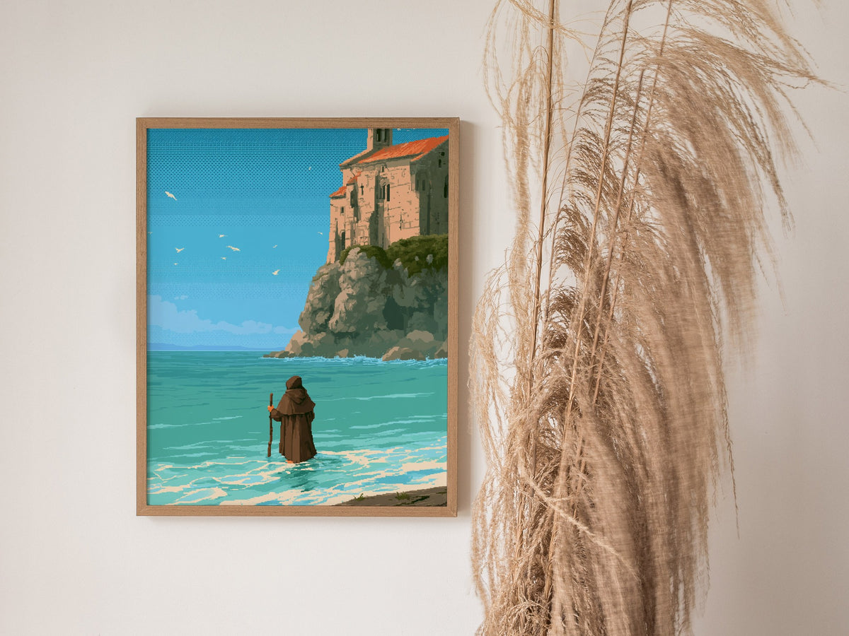 Pilgrim Touches Shore Poster | Turquoise and Earth Pixel Art Print | Retro Gaming Wall Art — styled in an interior