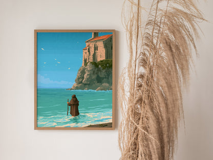 Pilgrim Touches Shore Poster | Turquoise and Earth Pixel Art Print | Retro Gaming Wall Art — styled in an interior