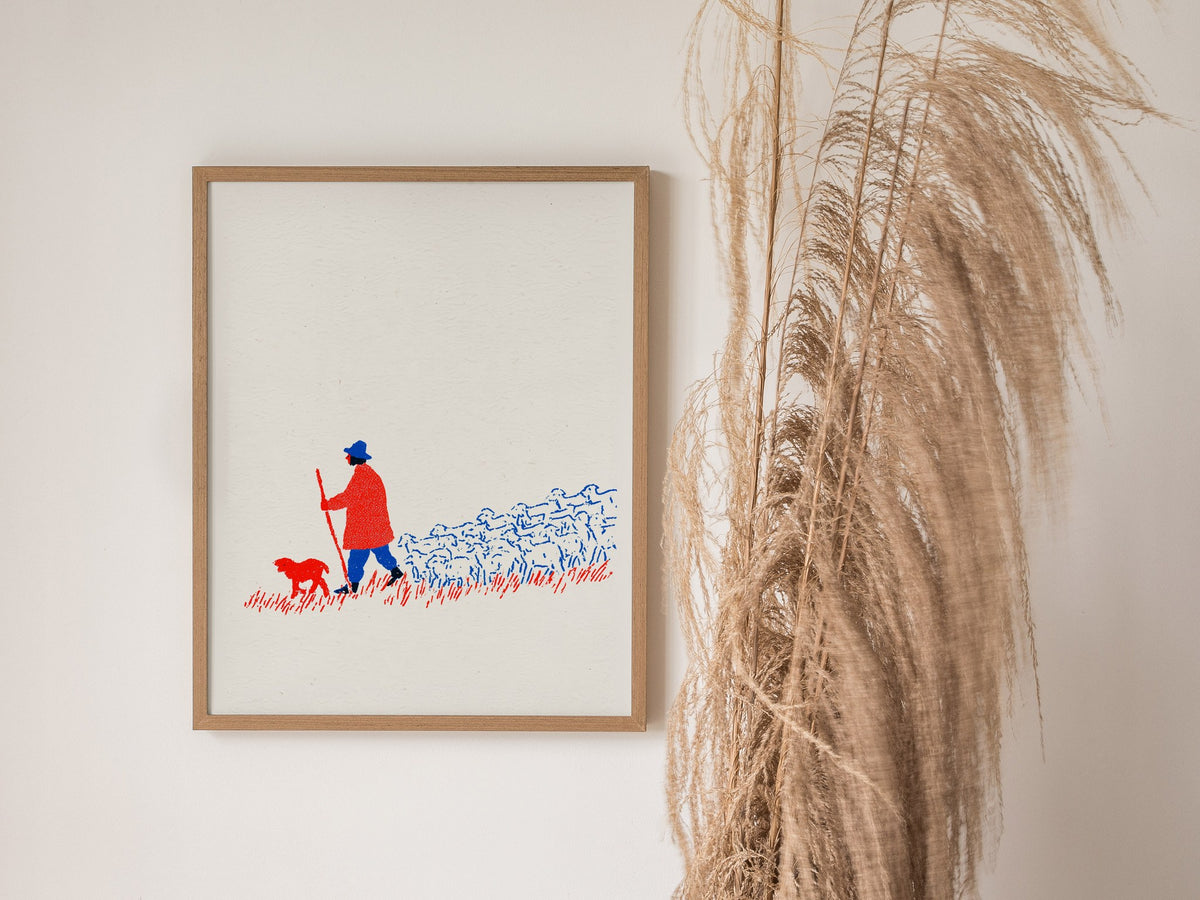 Shepherd Leads Home Poster | Red and Blue Screen Print Art Print | Nursery Wall Art — styled in an interior