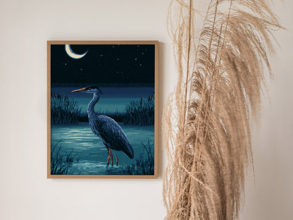 Heron Finds Moonlight Poster | Teal and Navy Pixel Art Print | Retro Gaming Wall Art — styled in an interior