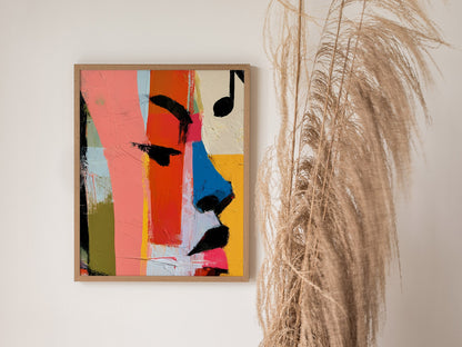 High Note Poster | Coral and Cobalt Abstract Art Print | Music Lover Wall Art — styled in an interior