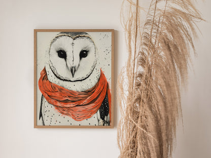 Owl in Scarf Poster | Black and Coral Pen and Ink Art Print | Cottagecore Wall Art — styled in an interior