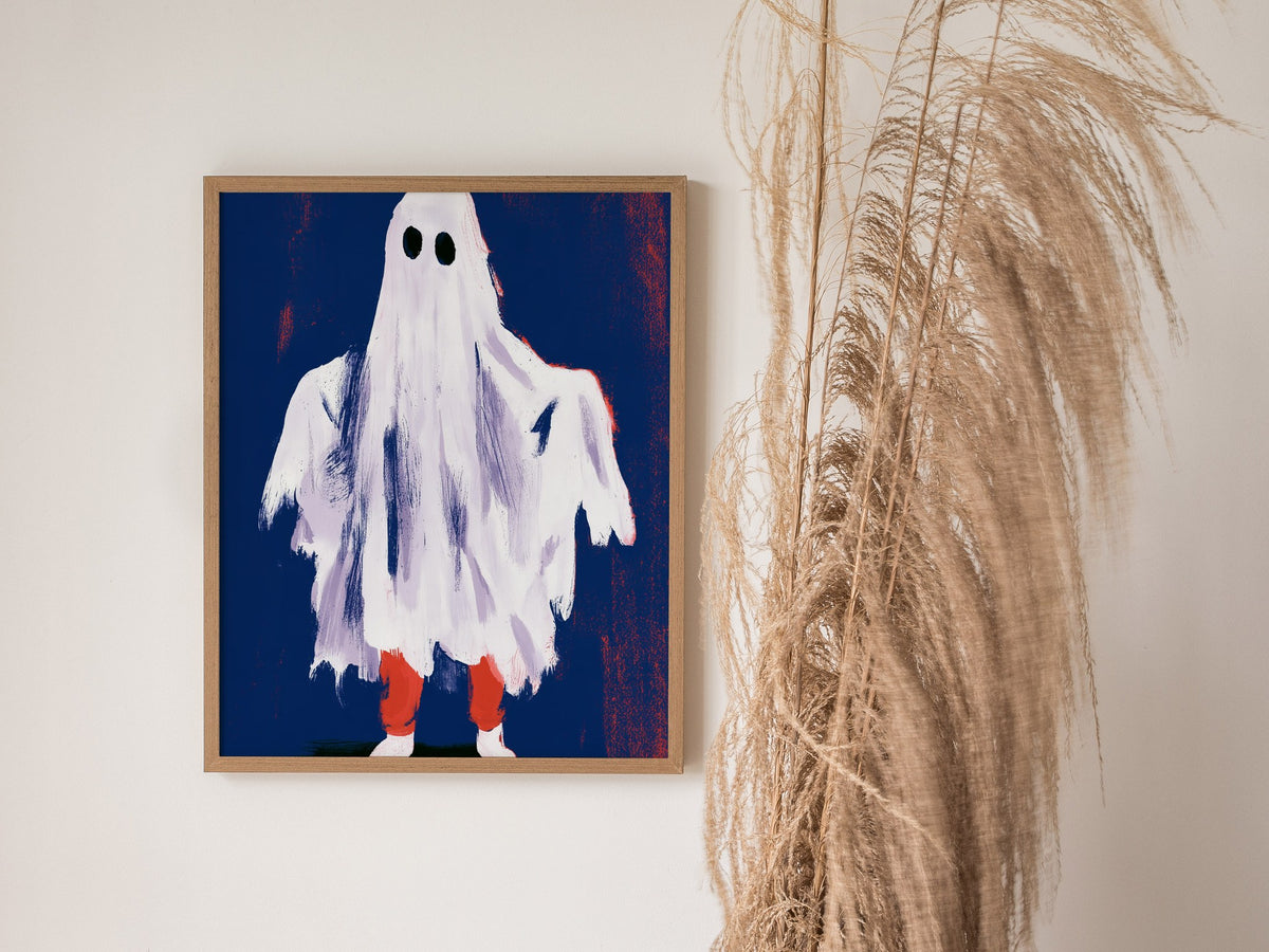 Ghost Stands Still Poster | Navy and Coral Illustrative Art Print | Kids Room Wall Art — styled in an interior