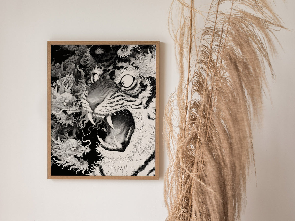 Tiger Plays Dragons Poster | Cream and Black Pen and Ink Art Print | Dark Fantasy Wall Art — styled in an interior