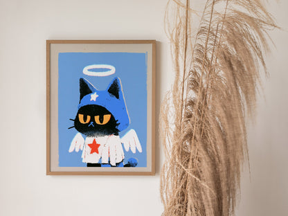 Angel Kitten Stands Poster | Blue and Orange Screen Print Art Print | Kids Room Wall Art — styled in an interior