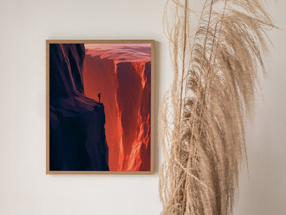 Hiker Finds the Edge Poster | Rust and Purple Low Poly Art Print | Hikers Wall Art — styled in an interior