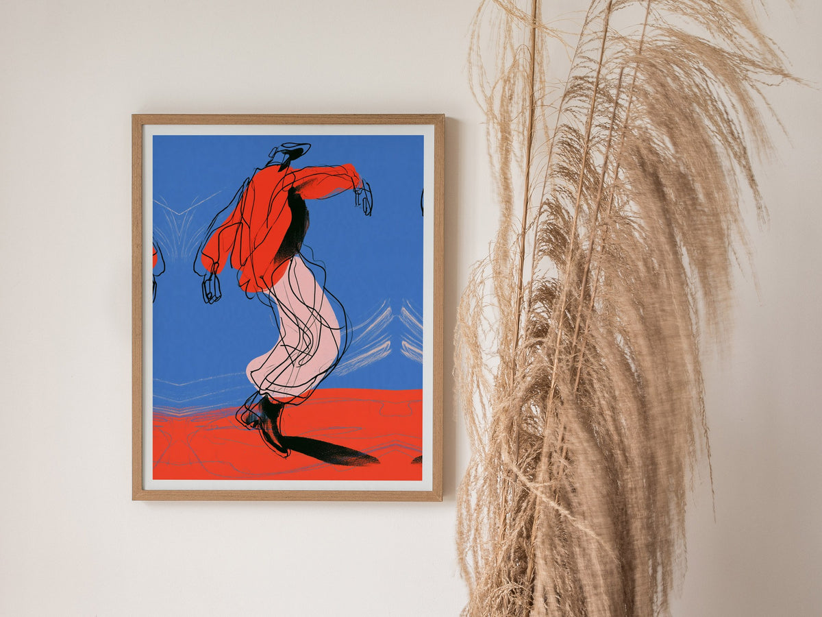 Dancer Kicks Blue Poster | Blue and Red Illustrative Art Print | Dance Wall Art — styled in an interior