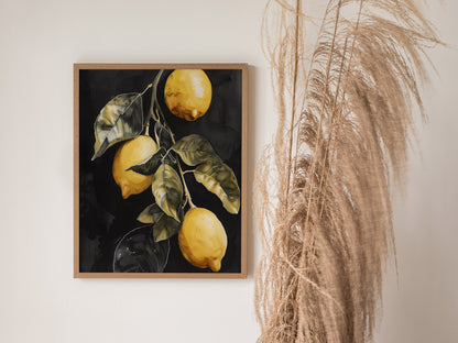 Three Lemons on Black Poster | Yellow and Black Japanese Watercolor Art Print | Kitchen Wall Art — styled in an interior