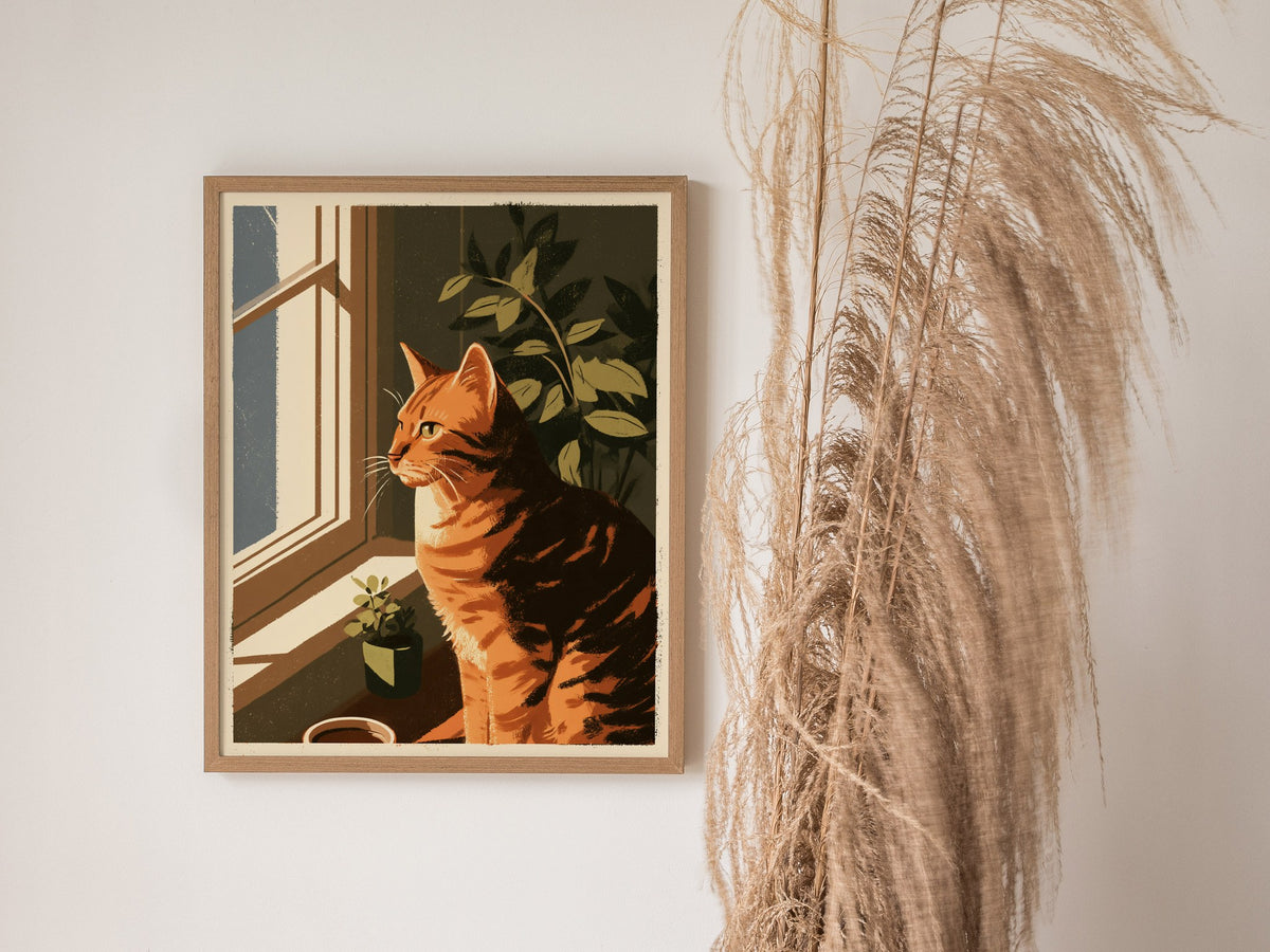 Cat Watches Morning Poster | Warm Ochre Illustrative Art Print | Cat Lover Wall Art — styled in an interior
