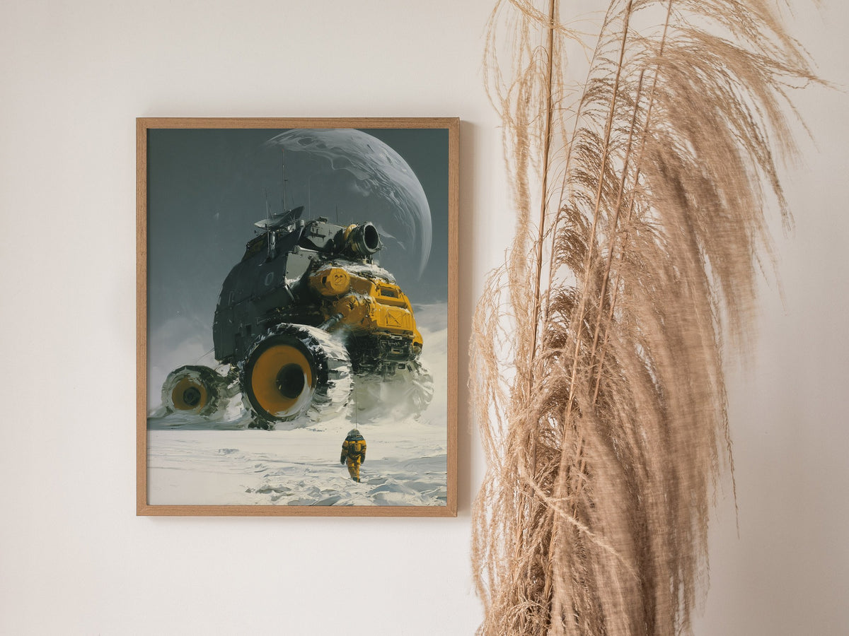 Rover Dwarfs Explorer Poster | Gray and Yellow Oil Painting Art Print | Sci-Fi Wall Art — styled in an interior
