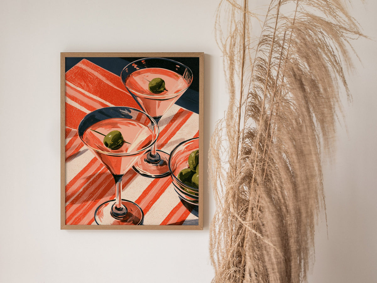 Striped Martini Still Life Poster | Red and Pink Illustrative Art Print | Kitchen Wall Art — styled in an interior