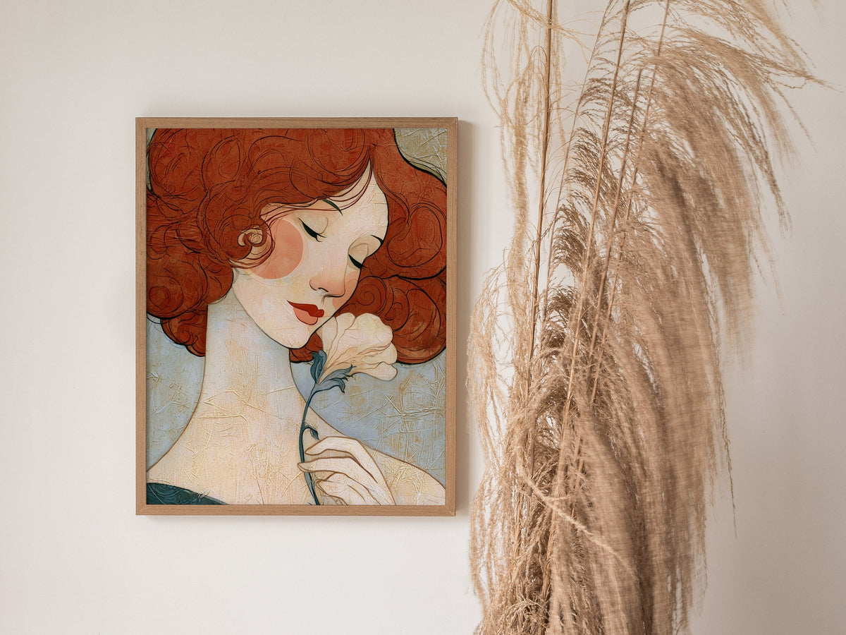 Woman Holds Flower Poster | Coral and Cream Illustrative Art Print | Art Deco Wall Art — styled in an interior