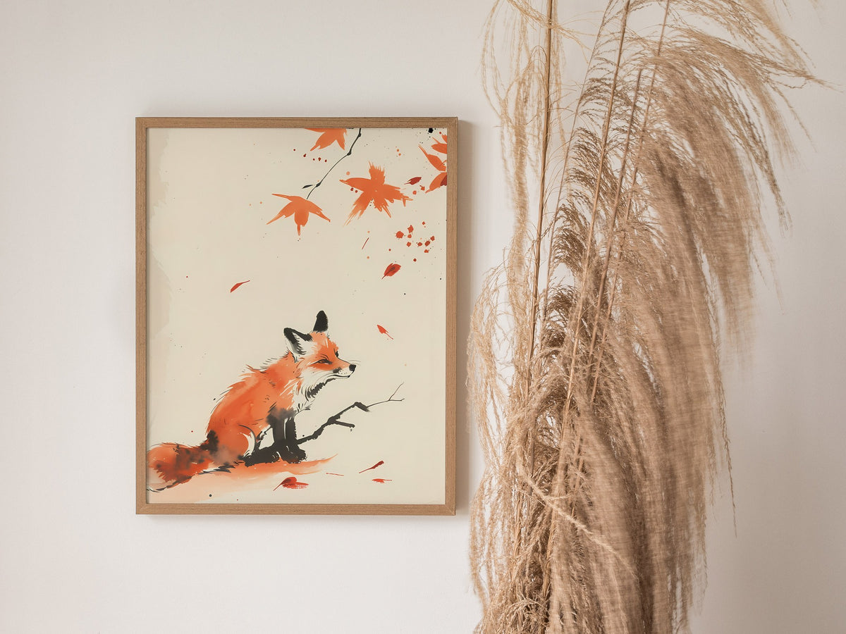 Autumn Visitor Poster | Rust and Sepia Japanese Watercolor Art Print | Minimalist Wall Art — styled in an interior