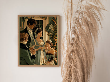 Regency Christmas Exchange Poster | Forest and Coral Illustrative Art Print | Regency Wall Art — styled in an interior