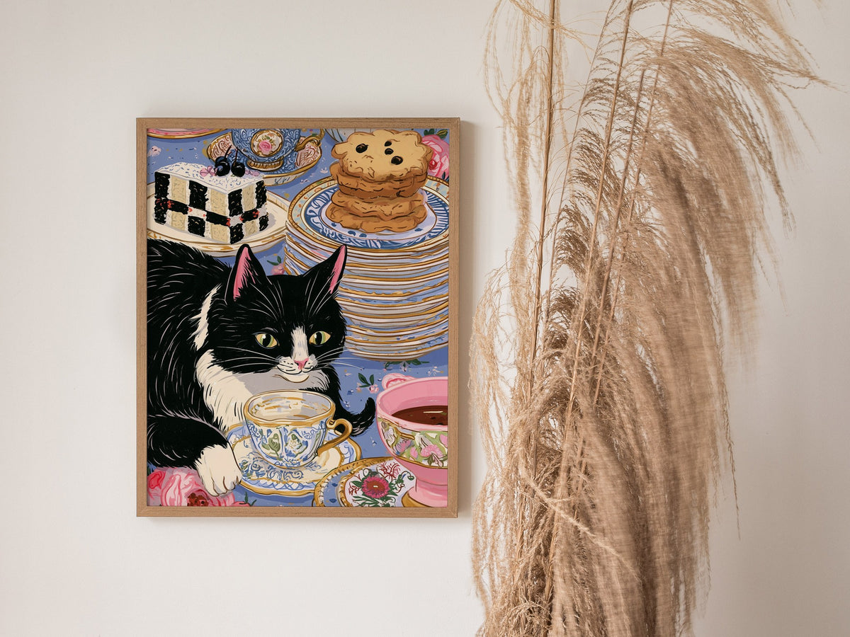 Cat Takes Tea Poster | Pink and Grey-Blue Illustrative Art Print | Kitchen Wall Art — styled in an interior