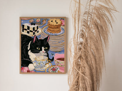 Cat Takes Tea Poster | Pink and Grey-Blue Illustrative Art Print | Kitchen Wall Art — styled in an interior
