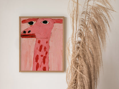 pink-giraffe-portrait Poster | Pink and Cream Oil Painting Art Print | Kids Room Wall Art — styled in an interior