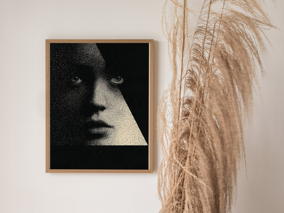 Face Emerging Light Poster | Black and Cream Pen and Ink Art Print | Dark Academia Wall Art — styled in an interior