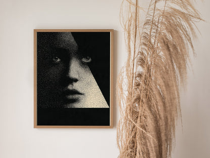Face Emerging Light Poster | Black and Cream Pen and Ink Art Print | Dark Academia Wall Art — styled in an interior