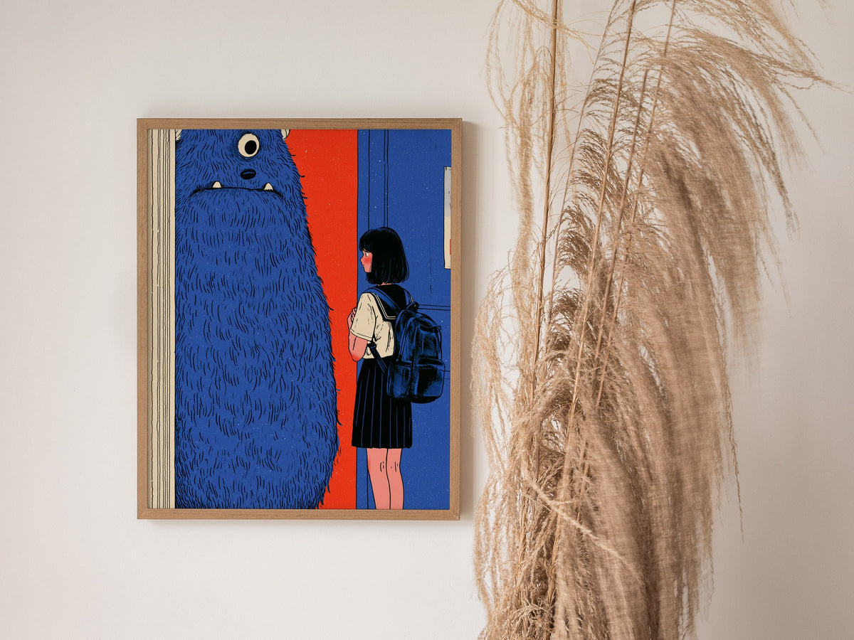 Monster Watches Class Poster | Blue and Orange Illustrative Art Print | Kids Room Wall Art — styled in an interior