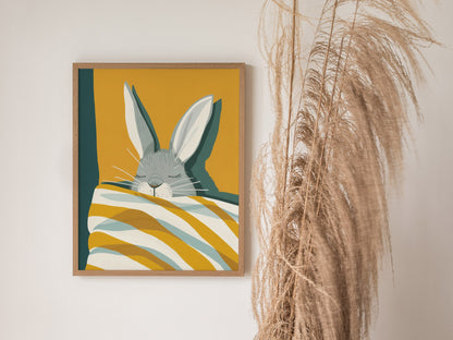 Rabbit Under Quilt Poster | Mustard and Teal Flat Design Art Print | Cottagecore Wall Art — styled in an interior