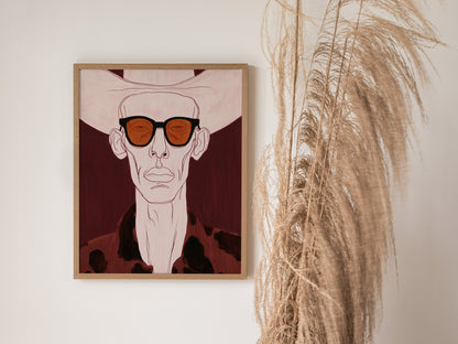 Cowboy Behind Shades Poster | Burgundy Red Illustrative Art Print | Western Gothic Wall Art — styled in an interior